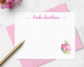 Personalized Floral Note Cards with Envelopes, Custom Stationery Set for Ladies with Name, Choose Ink and Envelope Colors