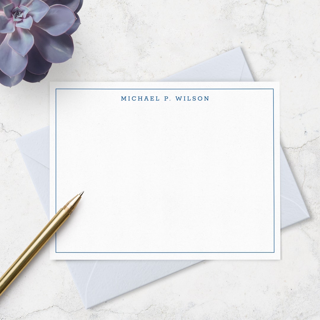 Stationery Note Cards for Men With Border and Name in Modern Font