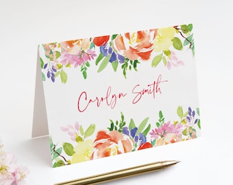 Folded Note Cards with Floral Design and Signature Script Name in Center, Personalized Fold Over Stationery Set | Set of 10