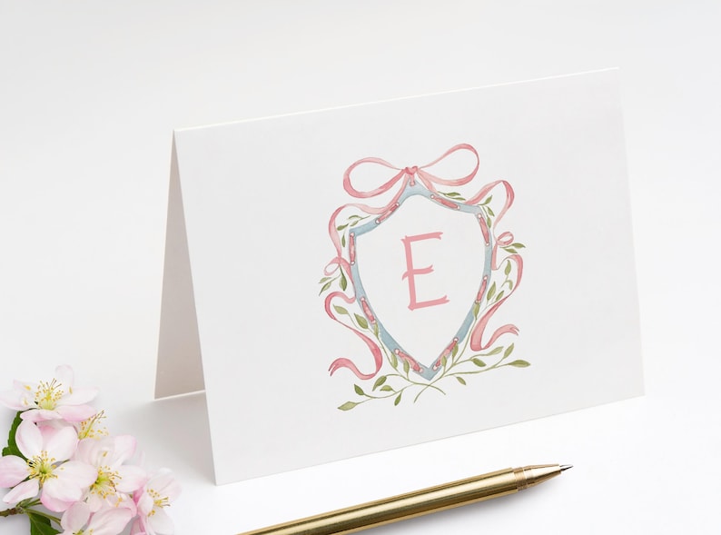 Pink Watercolor Crest Folded Thank You Cards | Monogrammed Note Cards for Babies image 1