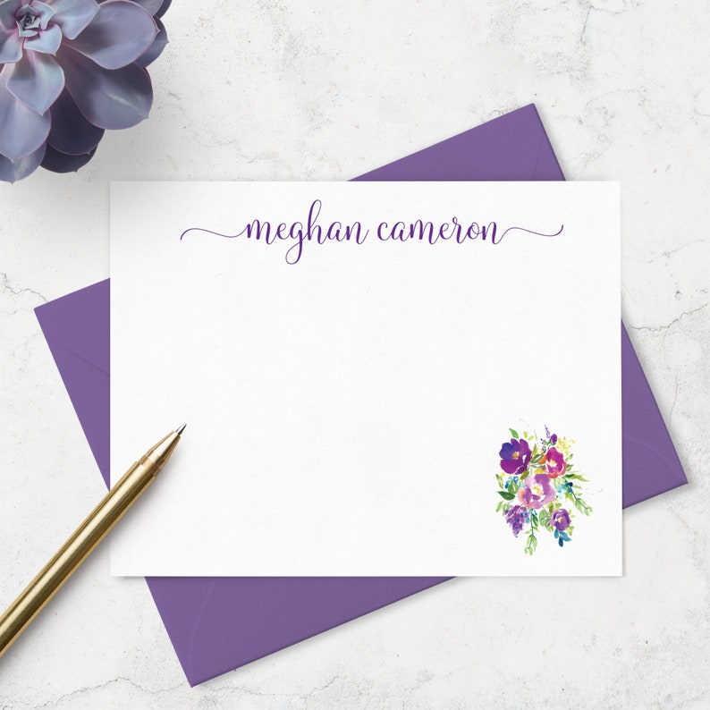 Personalized Note Cards with Name and Watercolor Flower Etsy