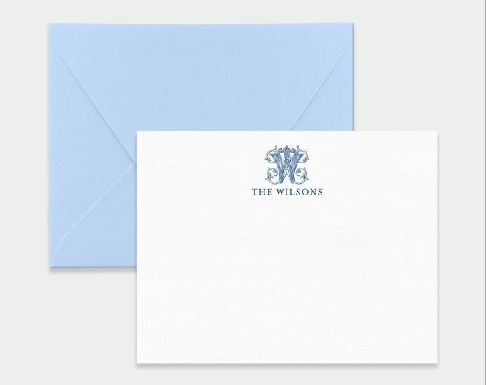 Classic Monogram and Family Name Note Card Stationary, Personalized Stationery