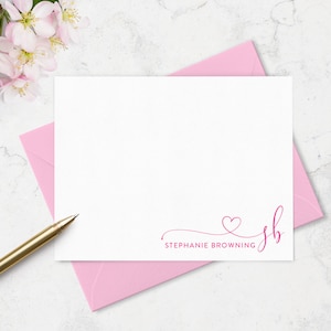 Note Cards Stationary Set with Cute Heart Monogram and Personalized Name,  Set of Note Cards with Envelopes, Choice of Colors