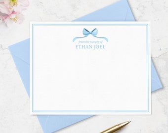 Baby Shower Thank You Cards from Nursery of Baby Boy, Personalized Baby Note Card Stationery Set with Blue Bow and Border | Set of 10