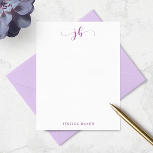 Personalized Note Card and Envelope Stationery Set with Monogram and Name,  Flat A2 Portrait Style Notecards in Choice of Colors