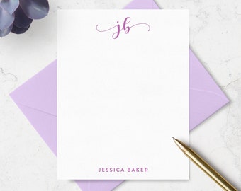Personalized Note Card and Envelope Stationery Set with Monogram and Name,  Flat A2 Portrait Style Notecards in Choice of Colors