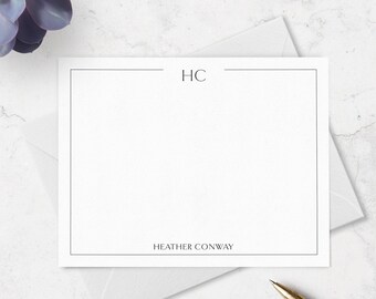 Border Note Cards with Monogram and Name, Monogrammed Personalized  Stationery Flat Notecards & Envelopes, Choice of Colors A2 or A7