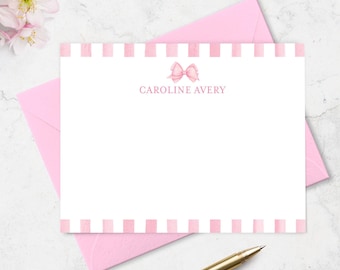 Baby Thank You Cards from Baby Girl, Personalized Baby Shower Thank You Card Stationery Set with Pink Watercolor Stripe & Bow | A2 or A7