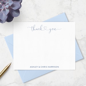 Connecting Heart Thank You Cards, Set of 10 Flat Wedding or Engagement Thank You Note Cards Personalized with Names, Choose Colors