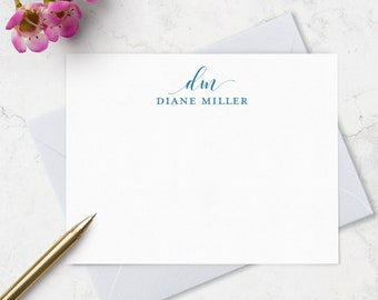 Monogrammed Note Cards Set, Custom Stationery with 2 Letter Monogram and Full Name,  Set of 10, Choice of Ink and Envelope Colors