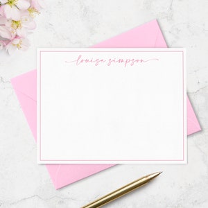 Border Note Card Stationary Personalized with Name in Signature Script Font, Flat Stationery Set, Choose Ink and Envelope Colors | Set of 10