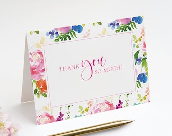 Folded Thank You Note Cards with Pink & Blue Floral and Fuchsia Pink Script Thank You - Bridal Shower Wedding Thank You Cards | Set of 10