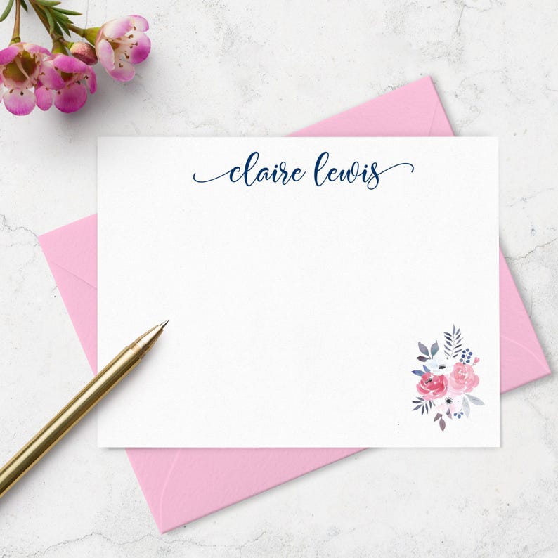 Custom Floral Note Cards Personalized with Name, Stationery Flat Cards & Envelopes, Choose Colors A2 or A7 Bild 5