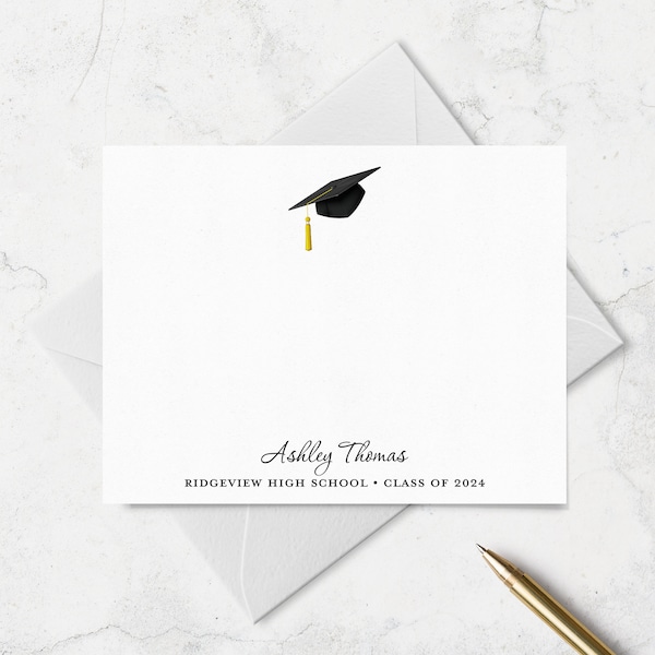 Class of 2024 Graduate Thank You Note Cards, Personalized High School College Graduation Stationery, Set of 10 Boxed Cards, Choose Colors