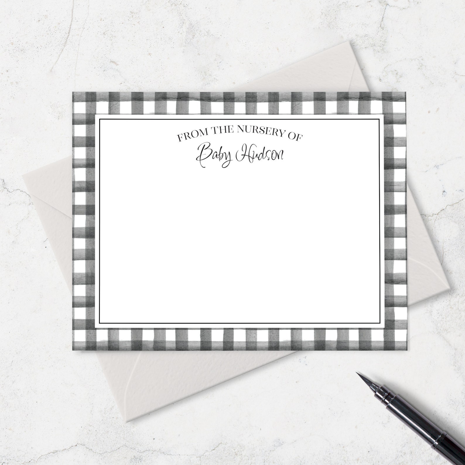 Personalized Baby Note Cards With Black Gingham Border From Etsy