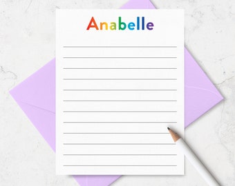 Personalized Kids Lined Note Card & Envelope Stationery Set,  Set of A2 Flat Note Cards for Girls and Boys, Name in Rainbow Colors