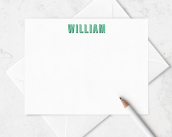 Personalized Kids Stationery: Green Shadow Name Note Cards | A2 or A7