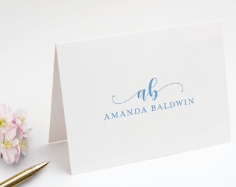 Folded Note Cards with Flourish Monogram and Name, Personalized Fold Over Monogrammed Stationery Set, Choose your Colors | Set of 10