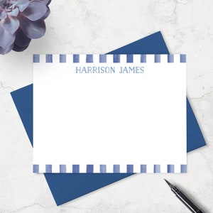 Note Cards for Boys, Personalized Notecard & Envelope Stationery Set with Navy Watercolor Stripe Border and Name in Navy Print | Set of 10