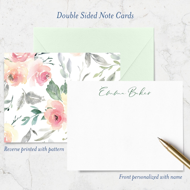 Set of 10 Cards with Envelopes Blush Pink Floral Double Sided Note Cards with Name on Front and Watercolor Pattern on Reverse