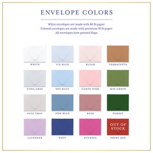 a collection of envelope colors, each with a different shade and label. The text indicates that white envelopes are made with 80 lb paper and are colored with premium 91 lb paper. All envelopes have pointed flaps, and the colors are listed in a grid format with each row representing a different color and the column representing a different shade.