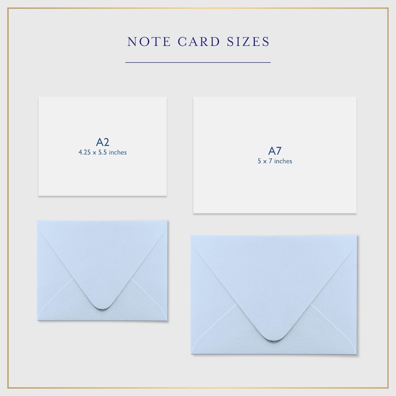 a set of three envelopes with a note card size guide