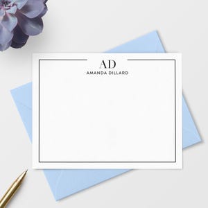 Border Note Cards with Monogram and Name, Monogrammed Personalized  Stationery  Flat Notecards & Envelopes, Choice of Colors A2 or A7