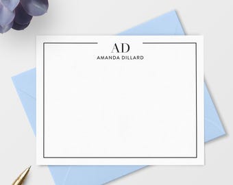 Border Note Cards with Monogram and Name, Monogrammed Personalized  Stationery  Flat Notecards & Envelopes, Choice of Colors A2 or A7