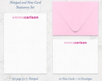 Ensemble cadeau de papeterie pour fille, cartes de correspondance et bloc-notes roses personnalisés, 10 cartes de correspondance, 10 enveloppes + bloc-notes de 50 pages