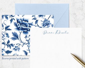 Blue Chinoiserie Double Sided Note Cards with Name on Front and Pattern on Reverse, Classic Blue Floral Note Card Stationery | Set of 10