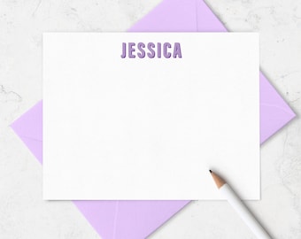 Purple Shadow Print Note Cards for Children, Personalized Notecard & Envelope Stationery Set for Kids, Boy or Girl Writing Notes | A2 or A7