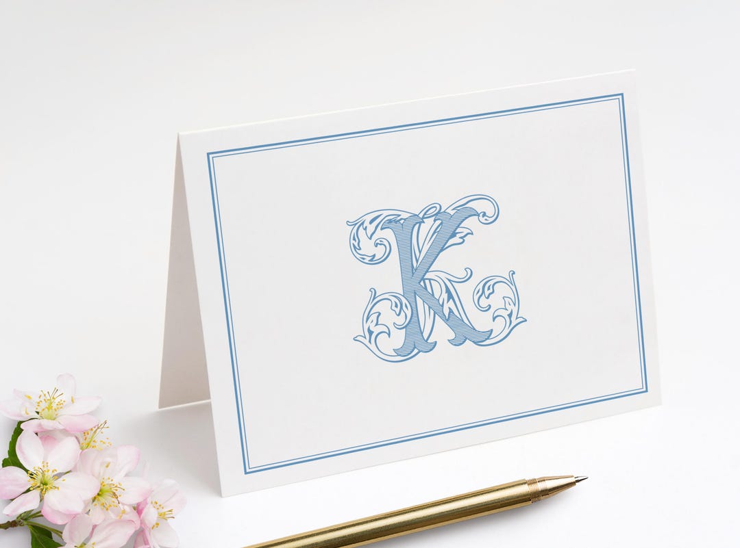 Folded Note Cards With Classic Monogram + Double Border, Fold Over ...