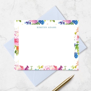 Borde floral brillante en acuarela, juego de papelería personalizado con tarjeta y sobre, tarjetas de notas planas