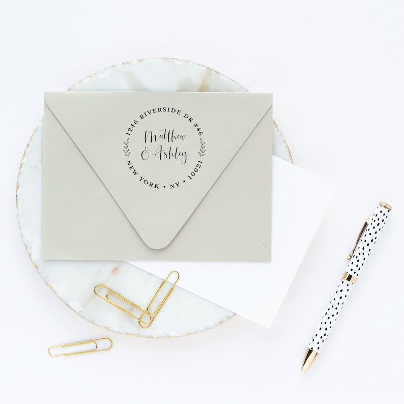 Return Address Stamp Round with Leaves and Calligraphy Font Custom Wreath Self Inking or Wooden Stamp with Handle Housewarming Gift