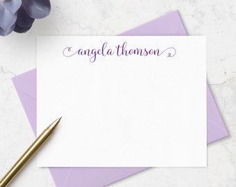 Personalized Stationary Note Cards & Envelope Set, Custom Stationery Flat Notecards with Name in Script in Choice of Colors | Set of 10
