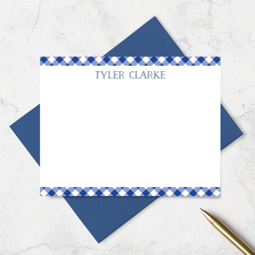 Note Cards With Navy Gingham Border, Personalized Flat Notecard ...