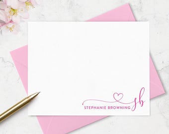 Note Cards Stationary Set with Cute Heart Monogram and Personalized Name,  Set of Note Cards with Envelopes, Choice of Colors  A2 or A7