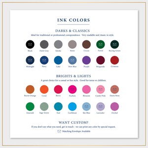 The image is a collection of various ink color swatches, each with a different color and shade, arranged in a grid format. The colors include black, dark gray, smoke, stone, cocoa, forest, racing green, navy, lake, new blue, purple, burgundy, crisscross, and many more. The image also includes a section for "Brights & Lights" and a "WANT CUSTOM?" section, suggesting that the image is a visual representation of different ink color options for various styles and preferences.