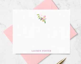 Personalized Watercolor Floral Note Cards, Custom Stationery Set, Flat Cards & Envelopes