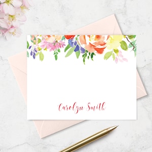 Floral Note Card & Envelope Stationery Set Personalized with Names, Boxed Set of 10 A2 Flat Card, Paper Gift for Ladies, Bright Watercolor