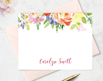 Floral Note Card & Envelope Stationery Set Personalized with Names,  Set of 10 A2 Flat Card, Paper Gift for Ladies, Bright Watercolor