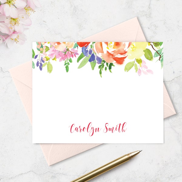 Floral Note Card & Envelope Stationery Set Personalized with Names,  Set of 10 A2 Flat Card, Paper Gift for Ladies, Bright Watercolor