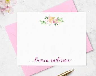 Personalized Floral Note Cards with Envelopes, Custom Stationery Set for Ladies with Name