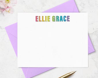 Rainbow Note Cards Stationery Set with Envelopes, Great for Kids or Teens,  Set of A2 Flat Notecards with Personalized Name