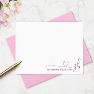 Note Cards Stationary Set with Cute Heart Monogram and Personalized Name,  Set of Note Cards with Envelopes,