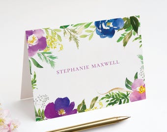 Folded Note Cards with Blue and Purple Floral Design and Name in Center, Personalized Fold Over Stationery Set with Envelopes | Set of 10