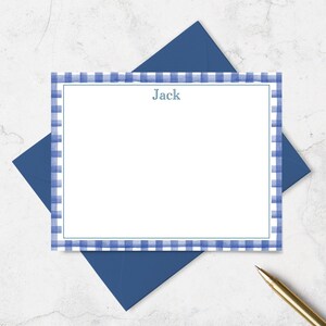 Personalized Note Cards: Navy Gingham Stationery for Boys