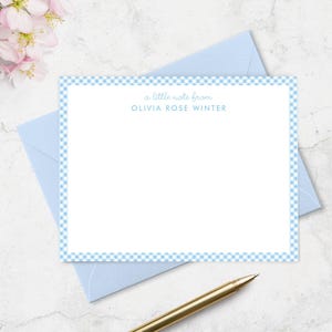Personalized Pale Blue Gingham Note Card Set, Stationery with Envelopes