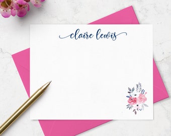 Custom Floral Note Cards  Personalized with Name,  Stationery Set of 10 Flat Cards & Envelopes, Choose Colors