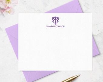 Personalized Note Cards with 2 Letter Chic Interlocking Monogram and Name,  Stationery Set Notecards and Envelopes